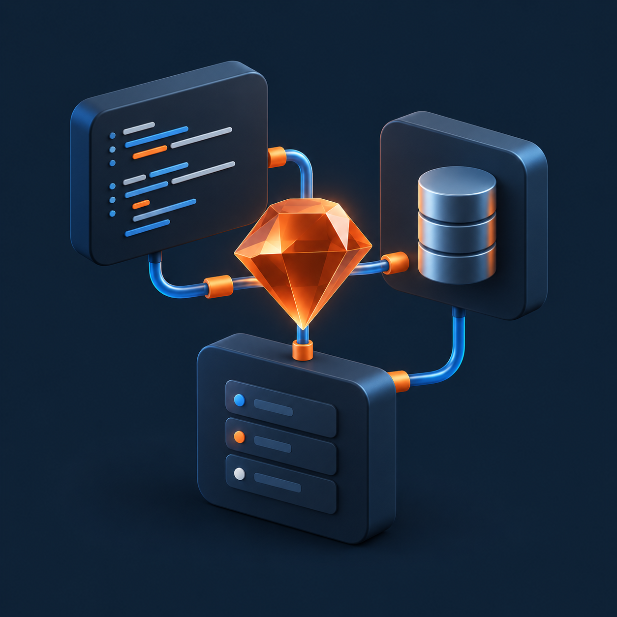 Illustration of connected software services, a Ruby-inspired gem and a database